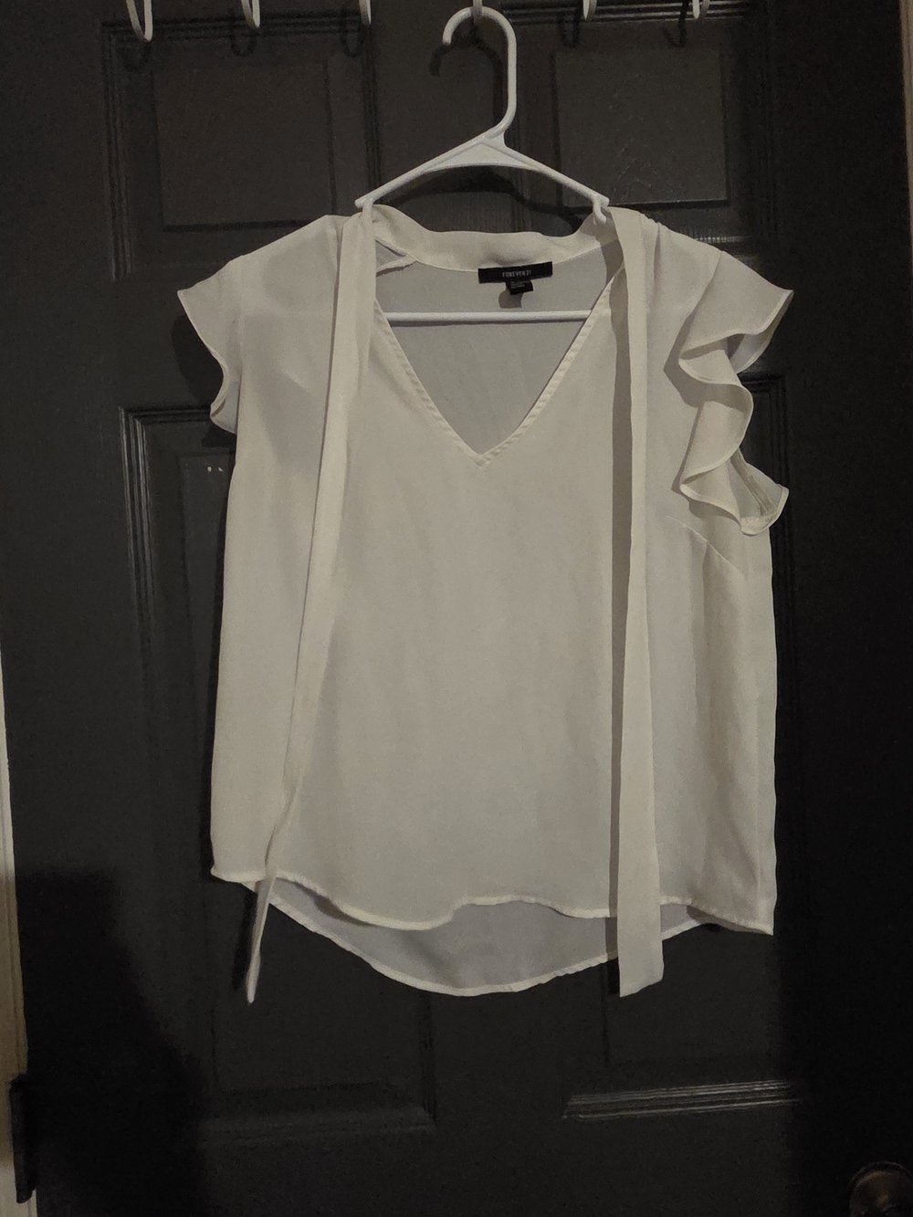 Forever 21 Ivory V-Neck Tie-Detail Ruffle Sleeve Blouse